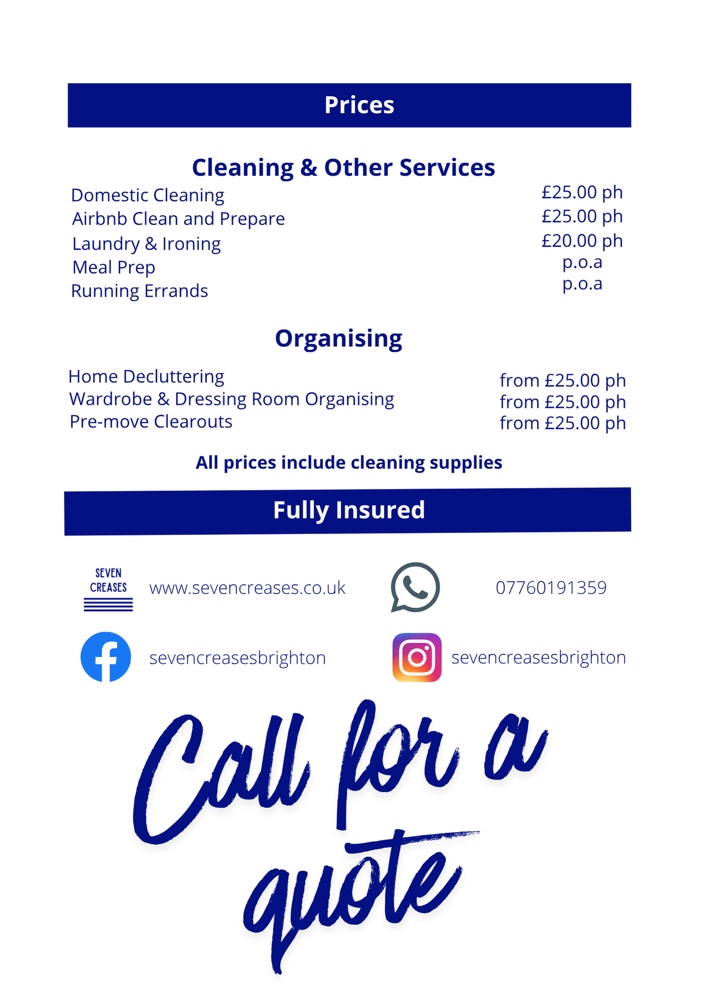 Seven Creases – Prices and services including domestic cleaning, organising, and more.